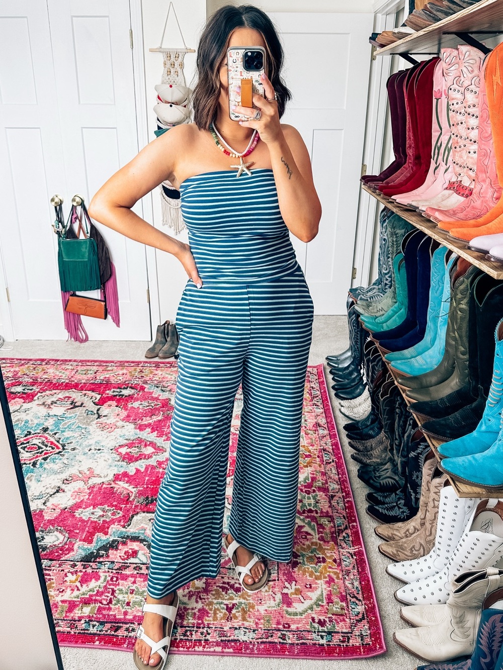 Striped Navy & teal Tube Top and Wide-Leg Pants Set